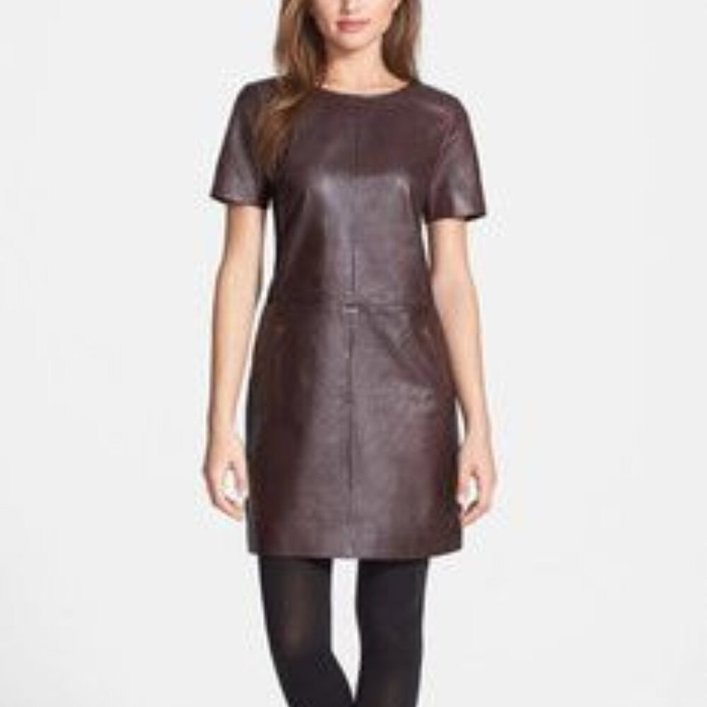 Halogen NORDSTROM New Leather & Ponte Knit Shift Dress ESPRESSO BLACK Womens XLP
